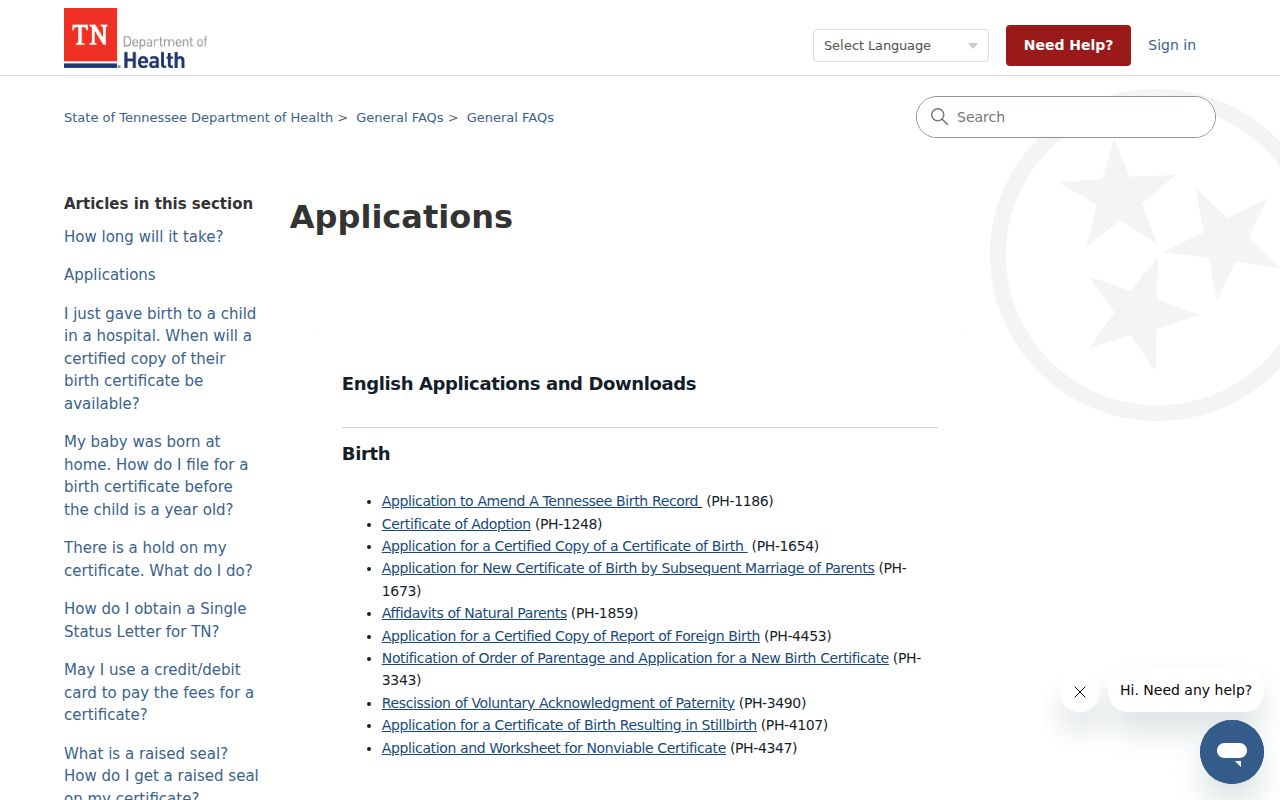 Memphis public records search through Tennessee vital record applications