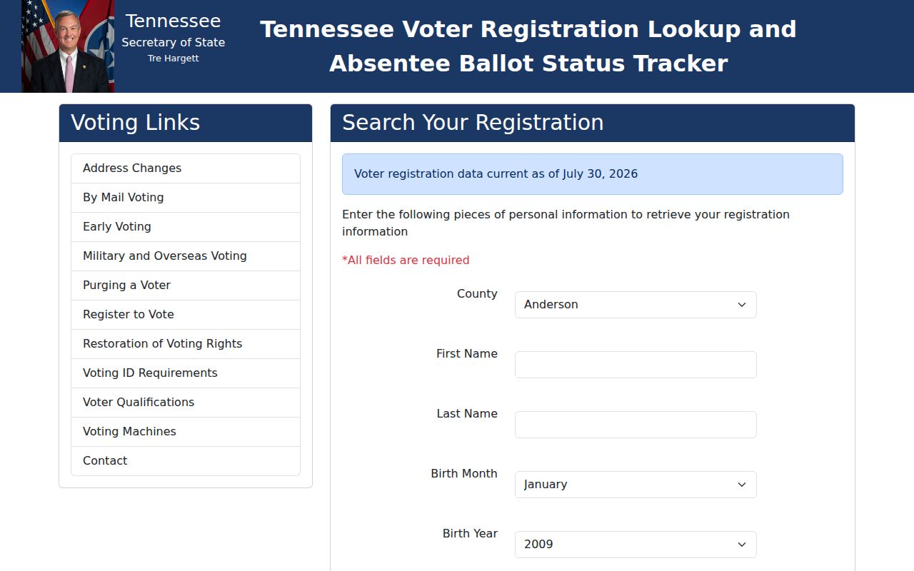 Memphis voter registration lookup fields on the Tennessee portal